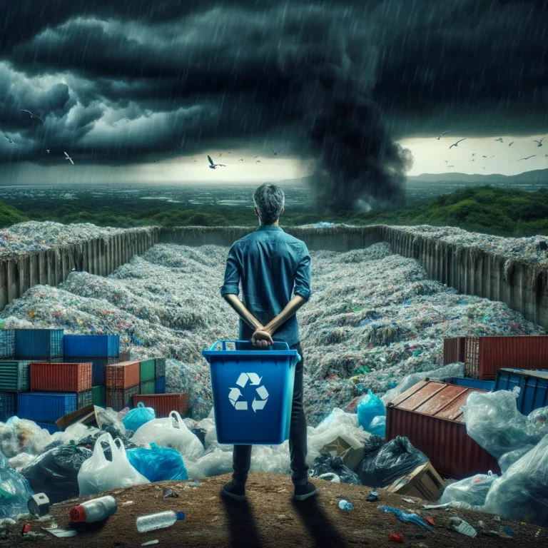 A man holding a trash can in front of a pile of garbage.