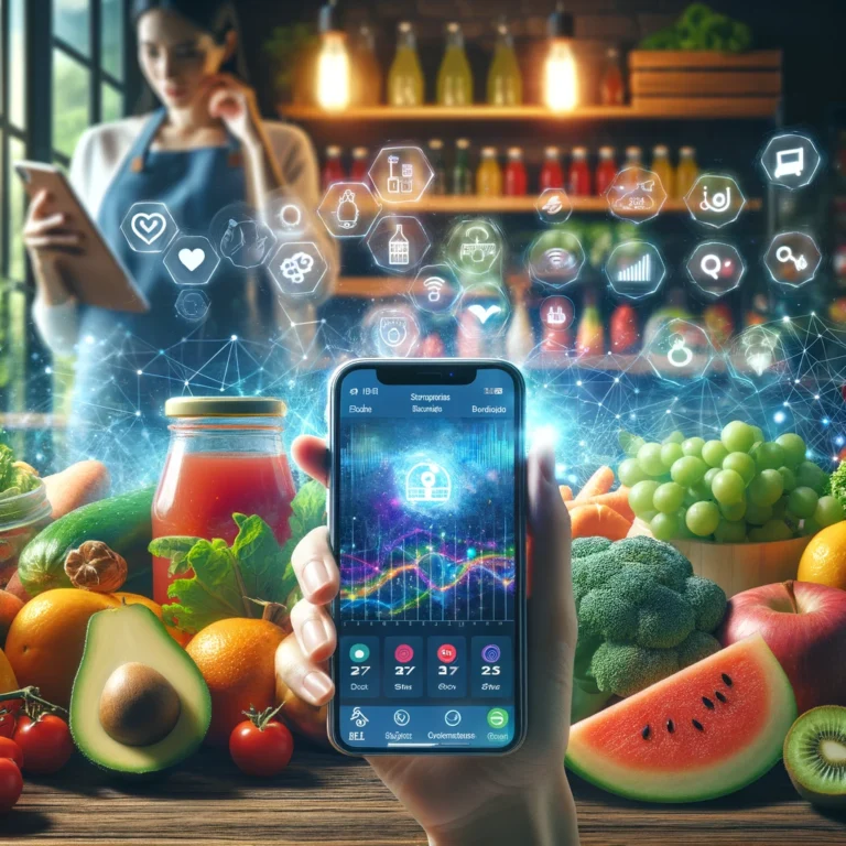 A person holding up their phone in front of an image of fruits.