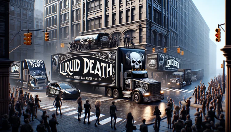 A truck with a skull on the back of it driving down a street.