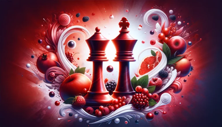 A painting of two chess pieces surrounded by fruit.