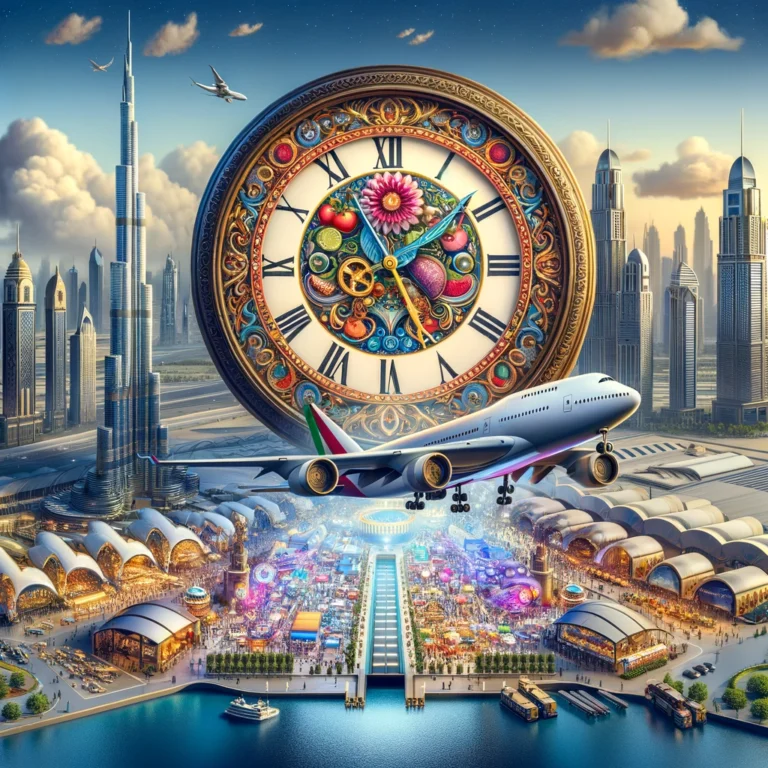 A large clock is shown in the middle of a city.