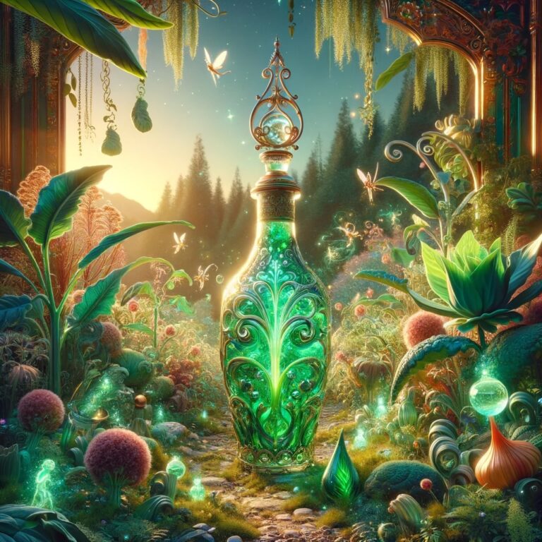 A bottle of liquid is surrounded by plants.