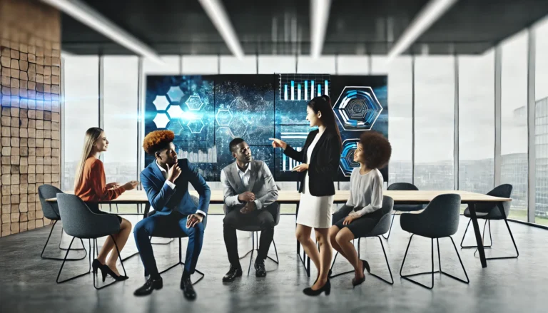 A group of people sitting around in front of a woman.