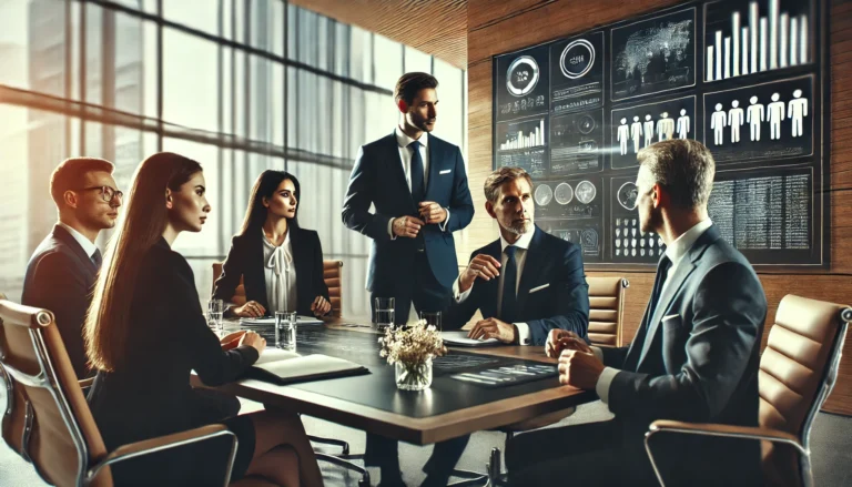 A group of people in suits sitting at a table.